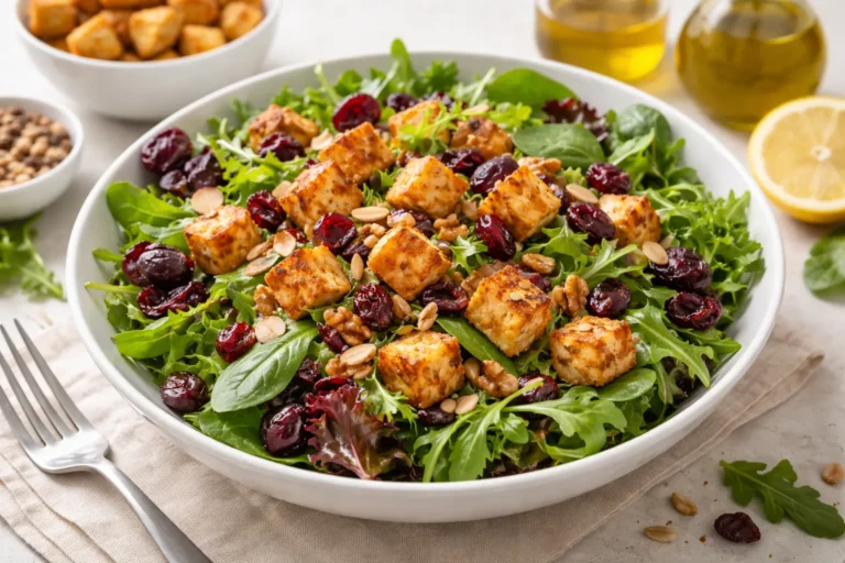 Recette rapide pour une entrée saine et délicieuse : salade mesclun aux fruits secs et tofu