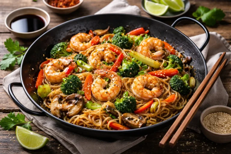 Recette rapide pour le soir : Nouilles sautées aux crevettes et légumes d’hiver