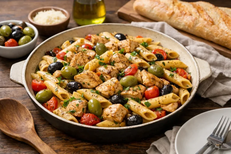 Recette facile de pâtes au poulet et aux olives