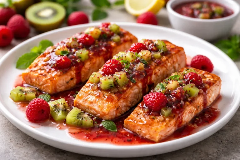 Pavés de saumon sauce framboises-kiwi