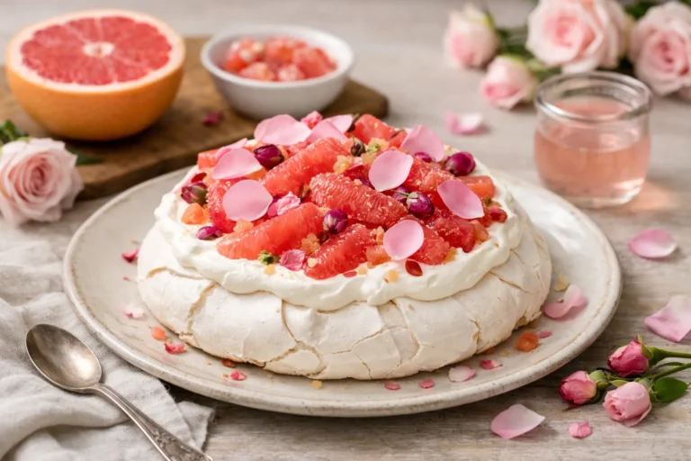 Recette pour un dessert gourmand : Pavlova au pamplemousse et à la rose