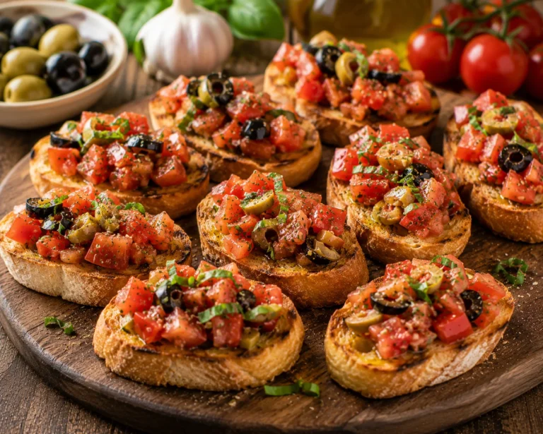 Recette d&rsquo;entrée rapide : Bruchettas à la tomate et aux olives