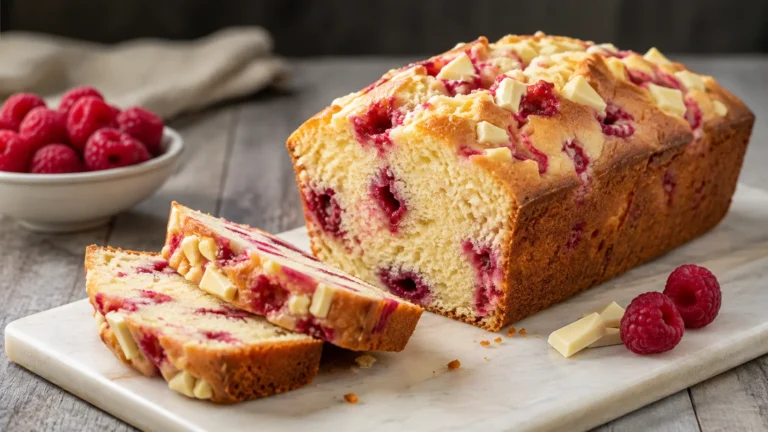 Recette facile pour un dessert gourmand : cake au chocolat blanc et aux framboises