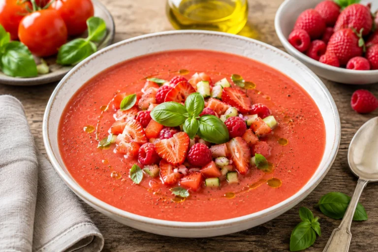Recette d&rsquo;entrée fraîche pour l&rsquo;été : le gaspacho tomates, fraises et framboises