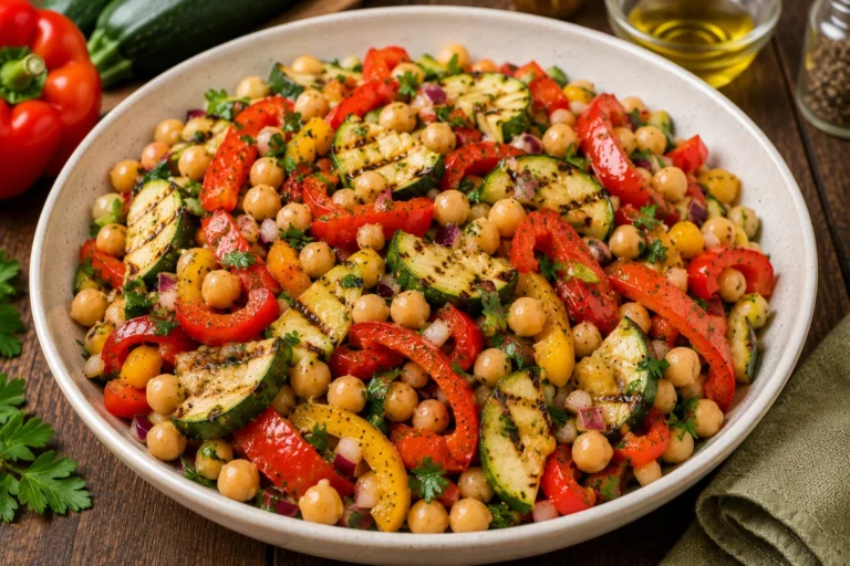 Recette de la salade de pois chiches, courgette et poivron