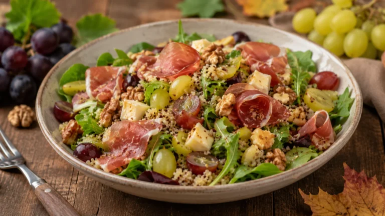 Recette de salade d&rsquo;automne au quinoa, raisin et jambon cru